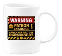quotedazur - Mug WARNING : Patron en charge, approcher avec des bonnes nouvelles - Tasse Cadeau Patron Homme - Blanc/Céramique