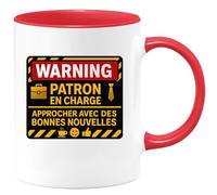 quotedazur - Mug WARNING : Patron en charge, approcher avec des bonnes nouvelles - Tasse Cadeau Patron Homme - Rouge/Céramique