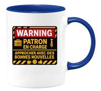 quotedazur - Mug WARNING : Patron en charge, approcher avec des bonnes nouvelles - Tasse Cadeau Patron Homme - Bleu/Céramique