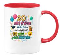 quotedazur - Mug20 ans d'âge, 100 ans de sagesse, 10 ans d'âge mental - Tasse Cadeau 20 ans Femme - Rouge/Céramique