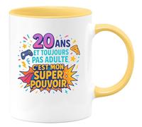 quotedazur - Mug20 ans et toujours pas adulte, c'est mon super pouvoir - Tasse Cadeau 20 ans Femme - Jaune/Céramique