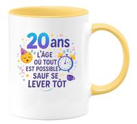 quotedazur - Mug20 ans : l'âge où tout est possible sauf se lever tôt - Tasse Cadeau 20 ans Femme - Jaune/Céramique
