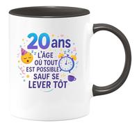 quotedazur - Mug20 ans : l'âge où tout est possible sauf se lever tôt - Tasse Cadeau 20 ans Femme - Noir/Céramique