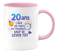 quotedazur - Mug20 ans : l'âge où tout est possible sauf se lever tôt - Tasse Cadeau 20 ans Femme - Rose/Céramique