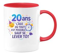 quotedazur - Mug20 ans : l'âge où tout est possible sauf se lever tôt - Tasse Cadeau 20 ans Femme - Rouge/Céramique
