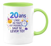 quotedazur - Mug20 ans : l'âge où tout est possible sauf se lever tôt - Tasse Cadeau 20 ans Femme - Vert/Céramique
