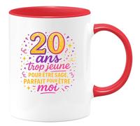 quotedazur - Mug20 ans : trop jeune pour être sage, parfait pour être moi - Tasse Cadeau 20 ans Femme - Rouge/Céramique