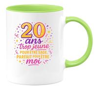 quotedazur - Mug20 ans : trop jeune pour être sage, parfait pour être moi - Tasse Cadeau 20 ans Femme - Vert/Céramique