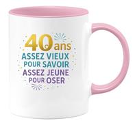 quotedazur - Mug40 ans : assez vieux pour savoir, assez jeune pour oser - Tasse Cadeau 40 ans Homme - Rose/Céramique