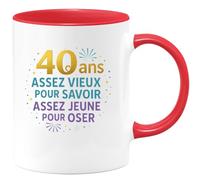 quotedazur - Mug40 ans : assez vieux pour savoir, assez jeune pour oser - Tasse Cadeau 40 ans Homme - Rouge/Céramique