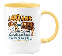 quotedazur - Mug40 ans, l'âge où ton dos fait plus de bruit que ta chaîne hifi - Tasse Cadeau Humour Homme - Jaune/Céramique