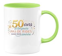 quotedazur - Mug50 ans et toujours pas de rides dans mon sourire - Tasse Cadeau 50 ans Femme - Vert/Céramique