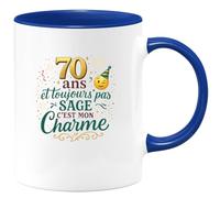 quotedazur - Mug70 ans et toujours pas sage, c'est mon charme - Tasse Cadeau 70 ans Femme - Bleu/Céramique