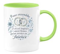 quotedazur - Mug9 ans ensemble et on est toujours aussi beaux qu'un service en faïence - Tasse Cadeau Noces de Faïence Femme - Vert/Céramique