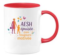 quotedazur - MugAESH épuisée mais toujours motivée - Tasse Cadeau AESH Femme - Rouge/Céramique