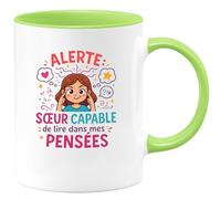 quotedazur - MugAlerte : sœur capable de lire dans mes pensées - Tasse Cadeau Soeur Femme - Vert/Céramique