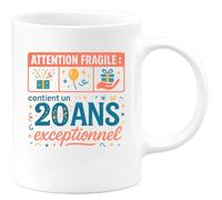 quotedazur - MugAttention fragile : contient un 20 ans exceptionnel - Tasse Cadeau 20 ans Femme - Blanc/Céramique