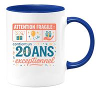 quotedazur - MugAttention fragile : contient un 20 ans exceptionnel - Tasse Cadeau 20 ans Femme - Bleu/Céramique