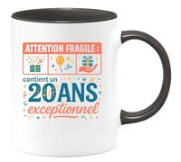 quotedazur - MugAttention fragile : contient un 20 ans exceptionnel - Tasse Cadeau 20 ans Femme - Noir/Céramique