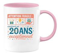 quotedazur - MugAttention fragile : contient un 20 ans exceptionnel - Tasse Cadeau 20 ans Femme - Rose/Céramique