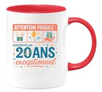 quotedazur - MugAttention fragile : contient un 20 ans exceptionnel - Tasse Cadeau 20 ans Femme - Rouge/Céramique