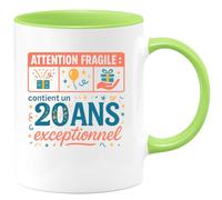 quotedazur - MugAttention fragile : contient un 20 ans exceptionnel - Tasse Cadeau 20 ans Femme - Vert/Céramique