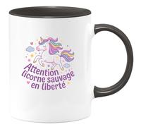 quotedazur - MugAttention licorne sauvage en liberté - Tasse Cadeau Licorne Femme - Noir/Céramique