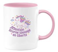 quotedazur - MugAttention licorne sauvage en liberté - Tasse Cadeau Licorne Femme - Rose/Céramique