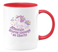 quotedazur - MugAttention licorne sauvage en liberté - Tasse Cadeau Licorne Femme - Rouge/Céramique