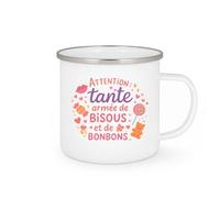 quotedazur - MugAttention : tante armée de bisous et de bonbons - Tasse Cadeau Tante Femme - Blanc/Emaillé