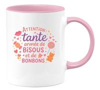 quotedazur - MugAttention : tante armée de bisous et de bonbons - Tasse Cadeau Tante Femme - Rose/Céramique