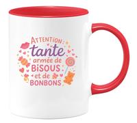 quotedazur - MugAttention : tante armée de bisous et de bonbons - Tasse Cadeau Tante Femme - Rouge/Céramique