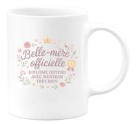 quotedazur - MugBelle-mère officielle, diplôme obtenu avec mention très bien - Tasse Cadeau Belle-mère Femme - Blanc/Céramique