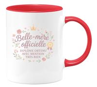 quotedazur - MugBelle-mère officielle, diplôme obtenu avec mention très bien - Tasse Cadeau Belle-mère Femme - Rouge/Céramique