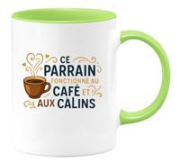quotedazur - MugCe parrain fonctionne au café et aux câlins - Tasse Cadeau Parrain Homme - Vert/Céramique