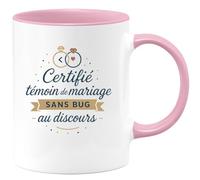 quotedazur - MugCertifié témoin de mariage sans bug au discours - Tasse Cadeau Témoin de mariage Homme - Rose/Céramique
