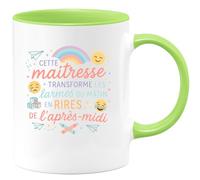 quotedazur - MugCette maîtresse transforme les larmes du matin en rires de l'après-midi - Tasse Cadeau Maîtresse Femme - Vert/Céramique