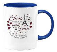 quotedazur - MugChérie, tu es mon petit Paris, la ville de l'amour n'a qu'à bien se tenir - Tasse Cadeau Amour, Saint-Valentin, Couple Femme - Bleu/Céramique