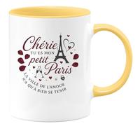 quotedazur - MugChérie, tu es mon petit Paris, la ville de l'amour n'a qu'à bien se tenir - Tasse Cadeau Amour, Saint-Valentin, Couple Femme - Jaune/Céramique