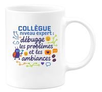 quotedazur - MugCollègue niveau expert : débugge les problèmes et les ambiances - Tasse Cadeau Collègue Homme - Blanc/Céramique