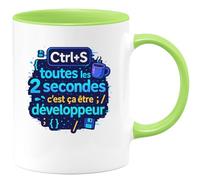 quotedazur - MugCtrl+S toutes les 2 secondes, c'est ça être développeur - Tasse Cadeau Développeur informatique Homme - Vert/Céramique