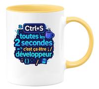 quotedazur - MugCtrl+S toutes les 2 secondes, c'est ça être développeur - Tasse Cadeau Développeur informatique Homme - Jaune/Céramique