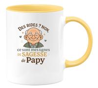 quotedazur - MugDes rides ? Non, ce sont mes lignes de sagesse de Papy - Tasse Cadeau Papy Homme - Jaune/Céramique