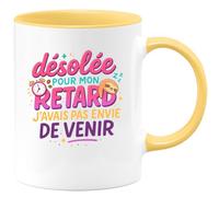 quotedazur - Mugdésolée pour mon retard, j'avais pas envie de venir - Tasse Cadeau Humour Femme - Jaune/Céramique