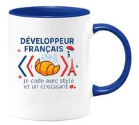 quotedazur - MugDéveloppeur français : je code avec style et un croissant - Tasse Cadeau Développeur informatique Homme - Bleu/Céramique