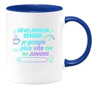 quotedazur - MugDéveloppeur senior : je google plus vite que les juniors - Tasse Cadeau Développeur informatique Homme - Bleu/Céramique