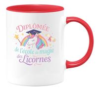 quotedazur - MugDiplômée de l'école de magie des licornes - Tasse Cadeau Licorne Femme - Rouge/Céramique