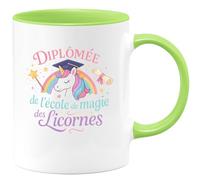 quotedazur - MugDiplômée de l'école de magie des licornes - Tasse Cadeau Licorne Femme - Vert/Céramique