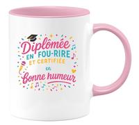 quotedazur - MugDiplômée en fou-rire et certifiée experte en bonne humeur - Tasse Cadeau Animatrice Femme - Rose/Céramique