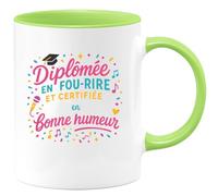 quotedazur - MugDiplômée en fou-rire et certifiée experte en bonne humeur - Tasse Cadeau Animatrice Femme - Vert/Céramique
